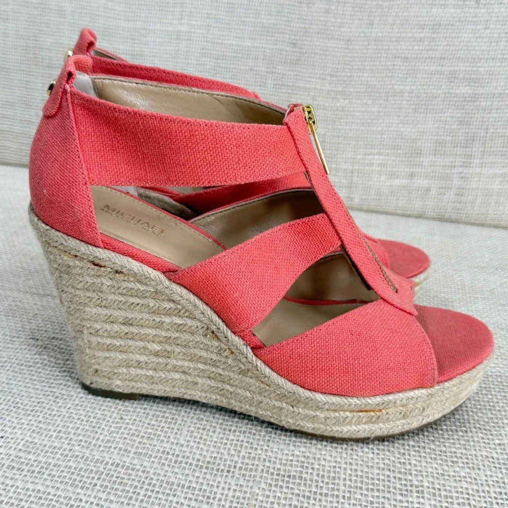 Michael Michael Kors Damita Coral Pink Canvas Espadrille Wedge Sandals‎ Size 8M